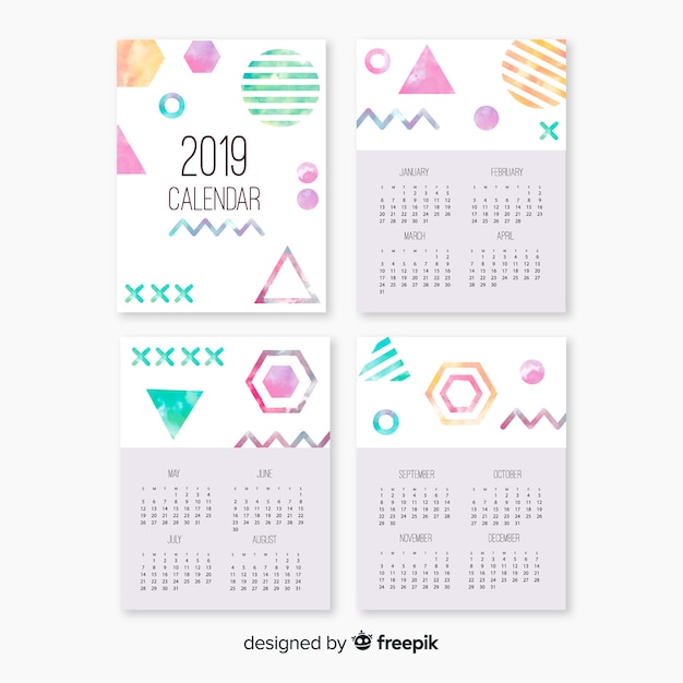 Modern 2019 calendar template with abstract shapes