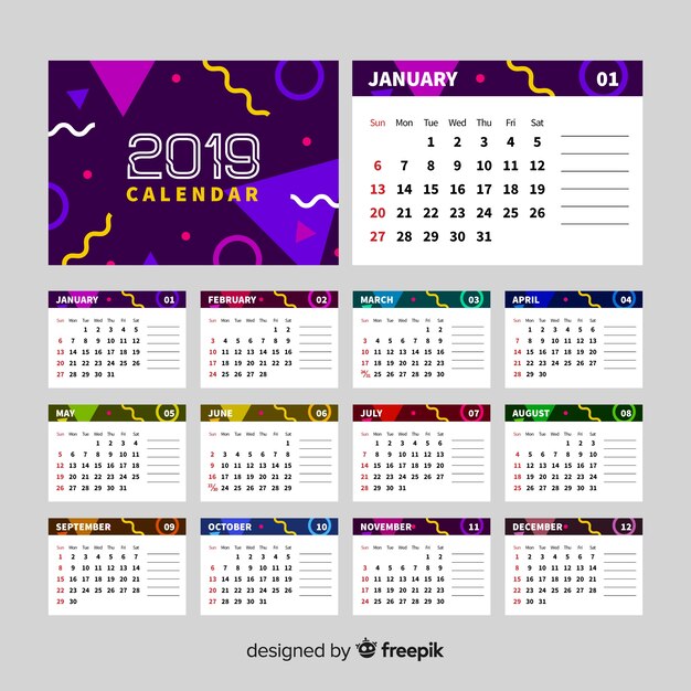 Modern 2019 calendar template with abstract shapes