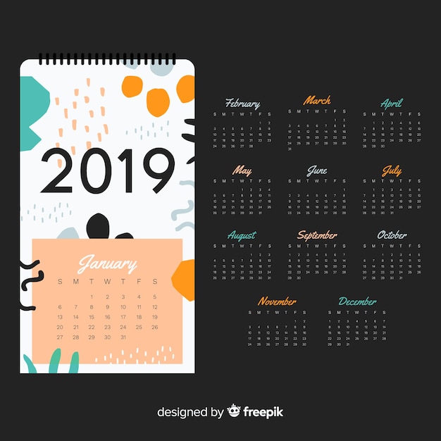 Modern 2019 calendar template with abstract shapes