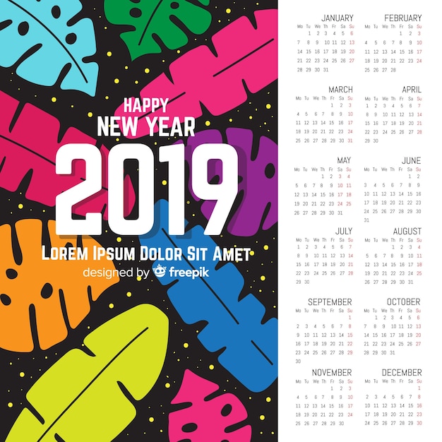 Free vector modern 2019 calendar template with flat design