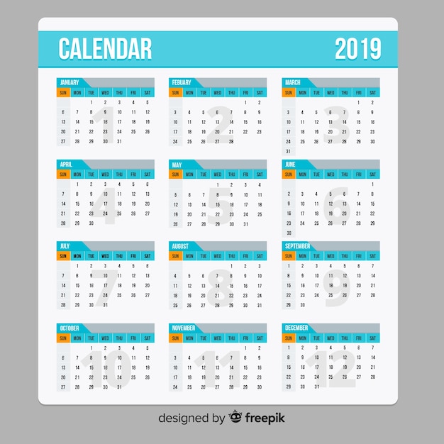 Modern 2019 calendar template with flat design