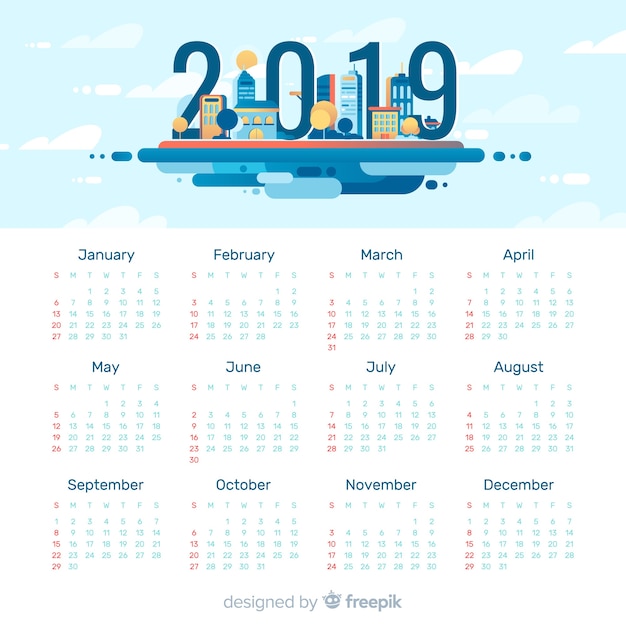 Free vector modern 2019 calendar template with flat design