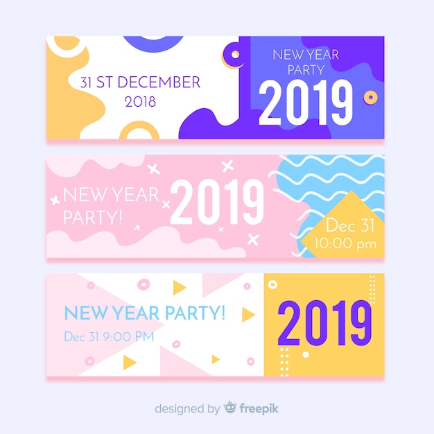 無料ベクター フラットデザインの現代2019新年パーティーバナー