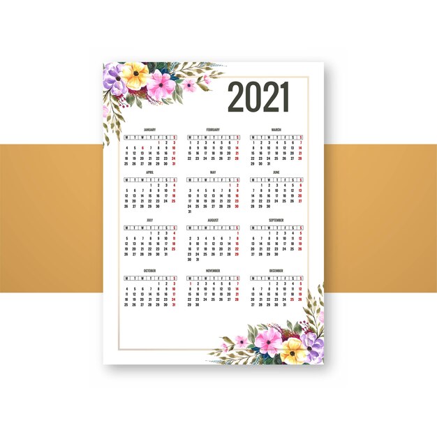 装飾的な花のパンフレットのデザインのためのモダンな2021年のカレンダー