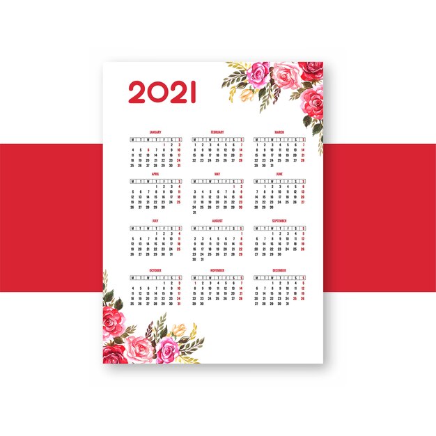 現代の2021年カレンダー花パンフレットテンプレートデザイン