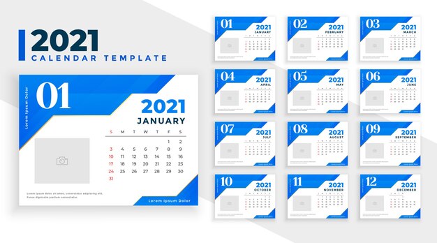 Modern 2021 new year blue calendar design template