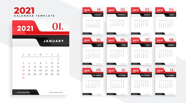 Modern 2021 red new year calendar design template