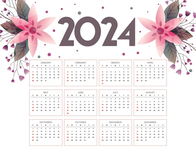 Free vector modern 2024 english calendar template with floral decoration vector