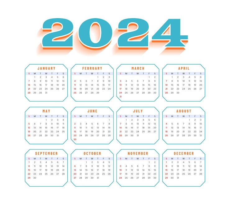 무료 Vector 2024 현대 전체 페이지 캘린더 템플릿 일정 이벤트  ⁇ 터