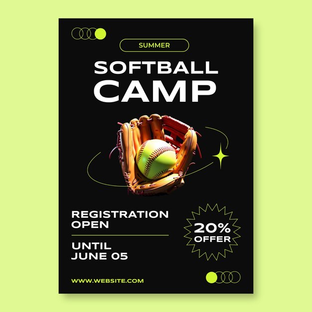 Modern 3d style summer softball camp poster template