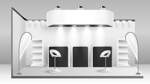 無料ベクター 椅子棚旗照明を備えた近代的な広告展示スタンドのモックアップ現実的なベクトルイラスト