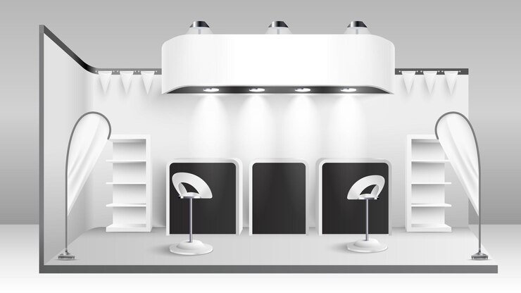 Free Vector modern advertising exhibition stand mockup with chairs shelves flags and lighting realistic vector illustration