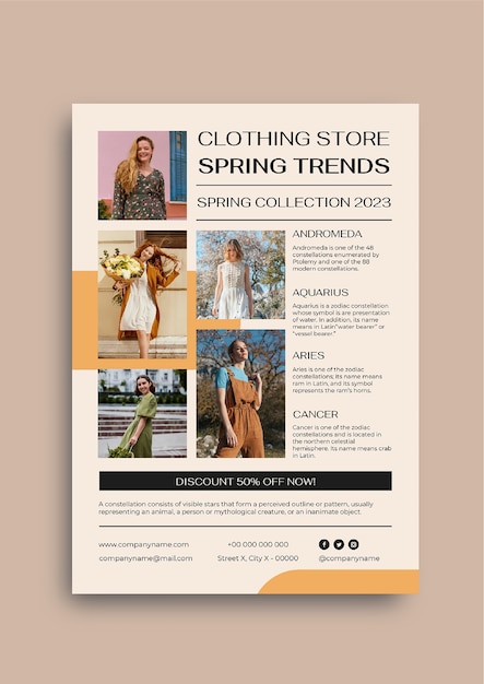 Vettore gratuito newsletter sulle tendenze primaverili del negozio di abbigliamento estetico moderno
