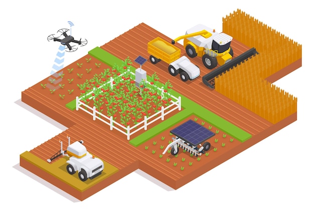 Composizione isometrica del macchinario agricolo moderno con macchine automatiche telecomandate alimentate da pannelli solari che lavorano sull'illustrazione di vettore del campo