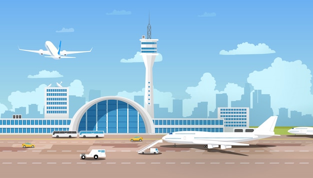 현대 공항 터미널 및 가출 만화 벡터