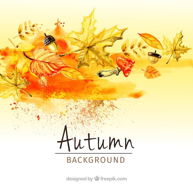 Modern background with watercolor leaves and mushrooms