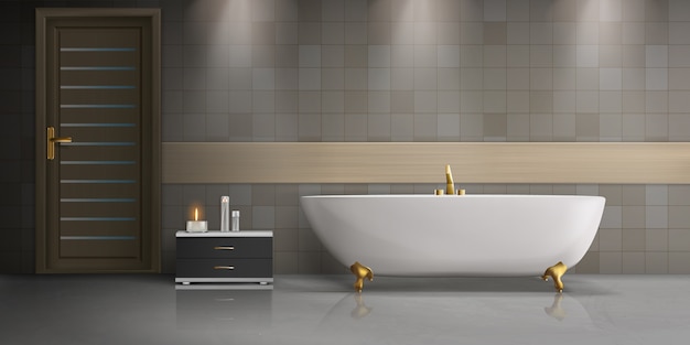 Vettore gratuito mockup realistico di interior design moderno bagno con vasca freestanding in ceramica bianca