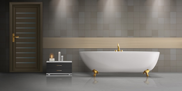 Современный дизайн интерьера ванной комнаты реалистичный макет с белой, керамической отдельно стоящей ванной