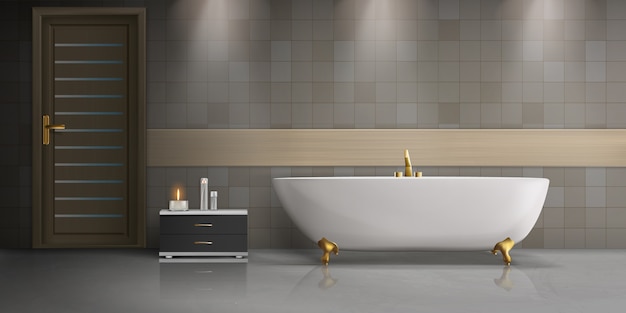modern bathroom interior design realistic mockup with white, ceramic freestanding bathtub 