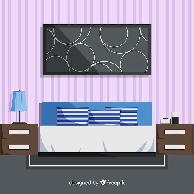 Бесплатное векторное изображение Современный интерьер спальни с плоским дизайном