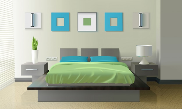 Бесплатное векторное изображение Современная спальня реалистичный дизайн