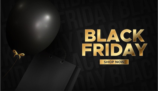 Free vector modern black friday golden text with realistic black balloon and shopping bag