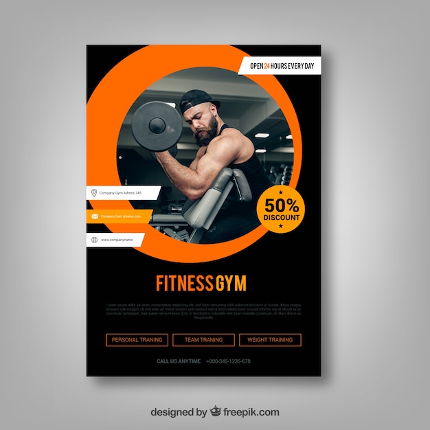 Free vector modern black and orange gym flyer template with image