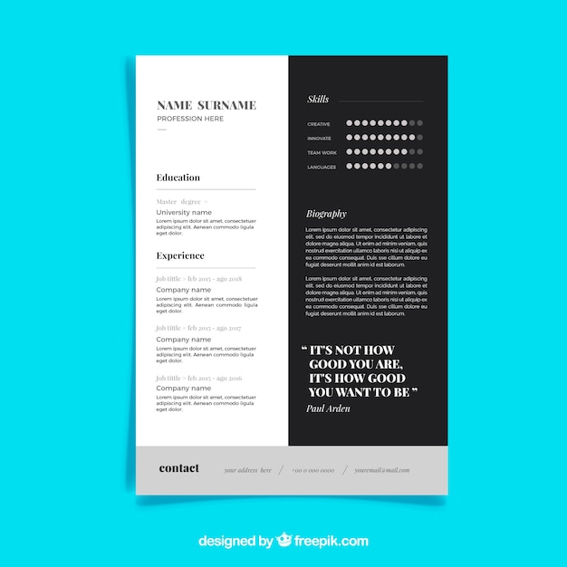 Free vector modern black and white cv template