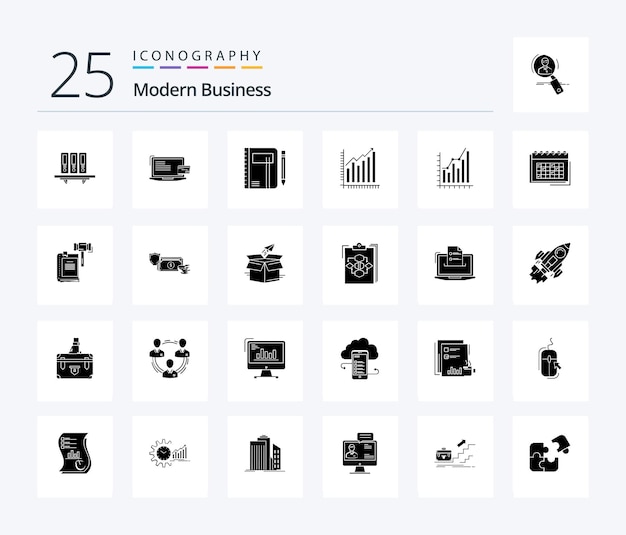 Free vector modern business 25 solid glyph icon pack including pen notepad business note workbook