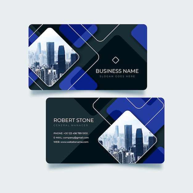 Modern business card with abstract shapes and photo