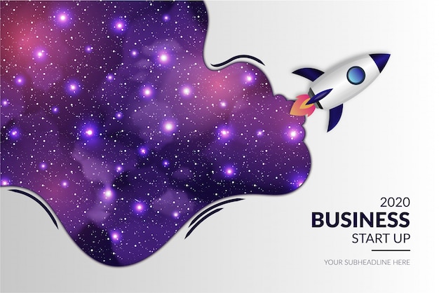 Business moderno start up con realistico razzo e galaxy background