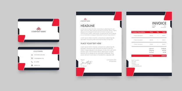 Free vector modern business stationery pack with abstract red shapes