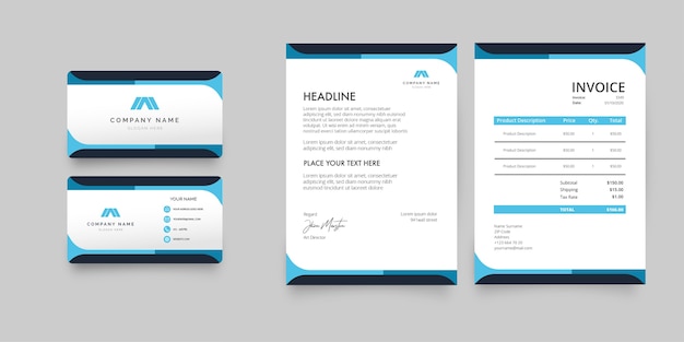 Бесплатное векторное изображение Современный пакет канцелярских принадлежностей для бизнеса с синими фигурами