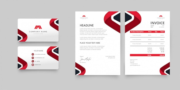 Free vector modern business stationery pack with red shapes