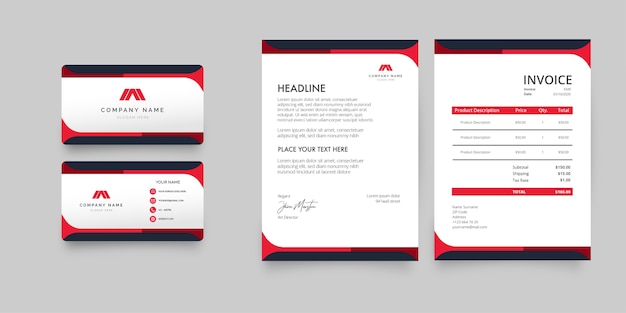 Modern business stationery pack with red shapes