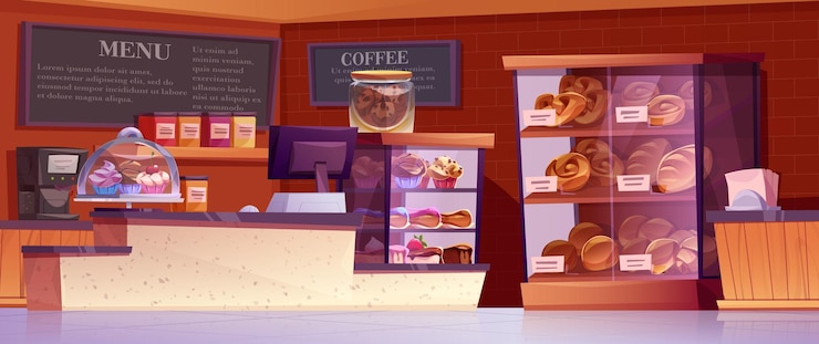 Free Vector modern cafe with fresh pastry on shelves vector cartoon illustration of bakery shop interior sweet cakes buns muffins cookies fresh bread on display computer on cash desk menu boards on wall