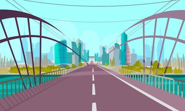 Free vector modern city bridge over river empty highway with no people and transport urban architecture landscape with skyscrapers