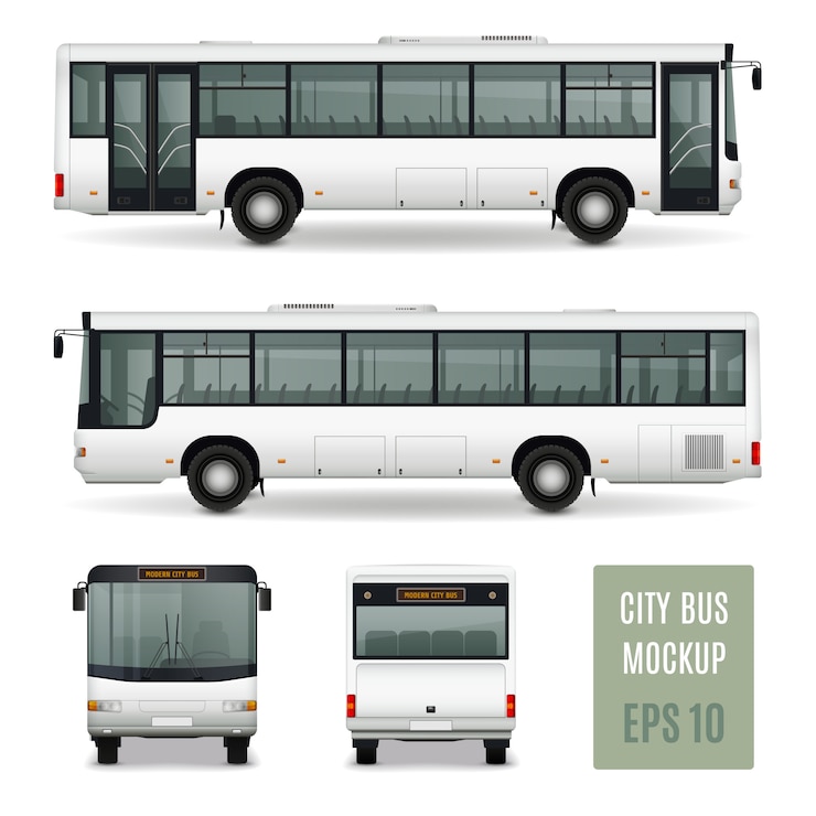 Free Vector modern city bus realistic advertising template side view front and rear on white background isolated vector illustration