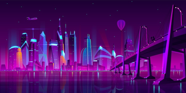 Современный город мультфильм вектор ночной пейзаж.