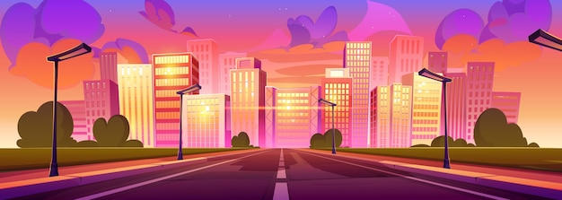 Modern city highway in lights of morning sunrise