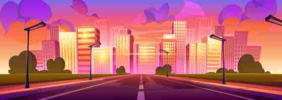 Free vector modern city highway in lights of morning sunrise