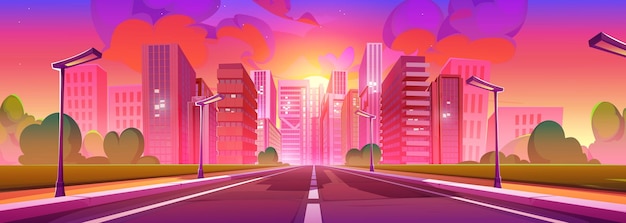 Free vector modern city highway in lights of sunrise