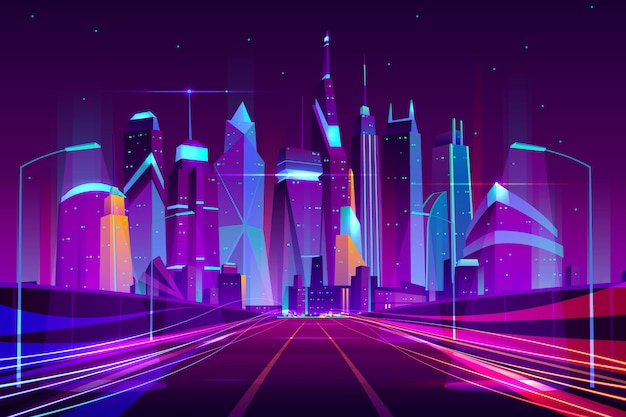 Modern city highway in street lamps light neon cartoon vector illustration