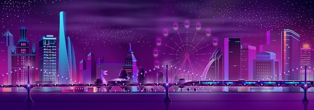 Современный город неоновый мультфильм ночной пейзаж