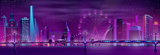 Modern city neon cartoon night landscape