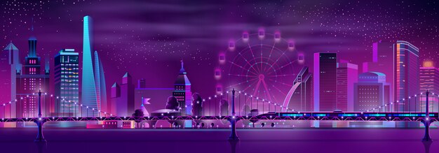 Modern city neon cartoon night landscape