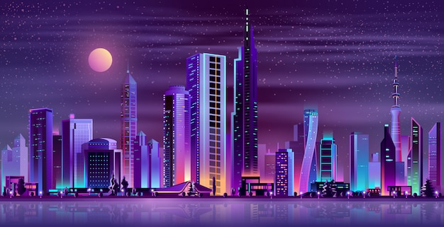 Современный город ночной пейзаж неоновый мультфильм