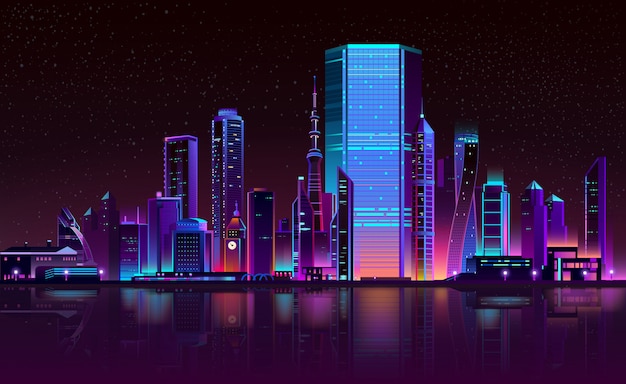 Современный город ночной горизонт неоновый мультфильм