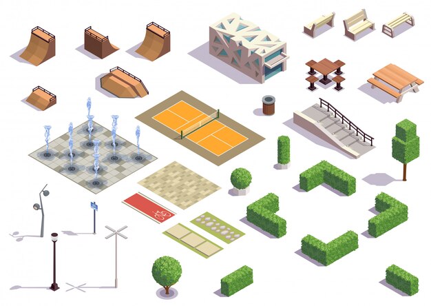 レクリエーションスケートボードサイクリングテニス施設ベンチランタン噴水植物と近代的な都市公園等尺性セット
