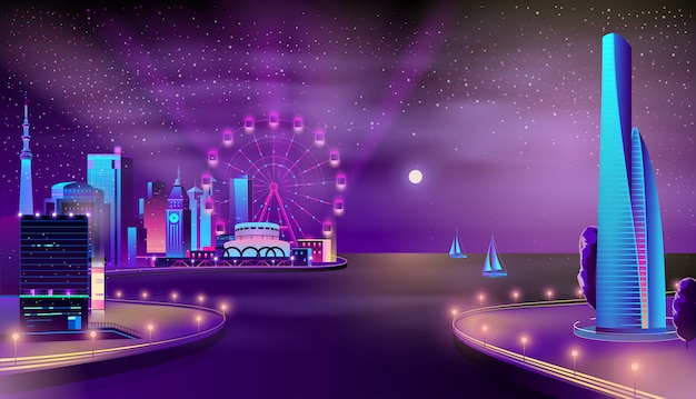 Modern city quay night landscape cartoon vector